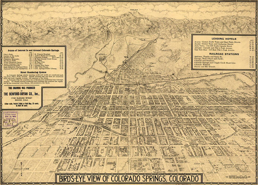 Birdseye Map of Colorado Springs - 1909 Drawing by Eric Glaser