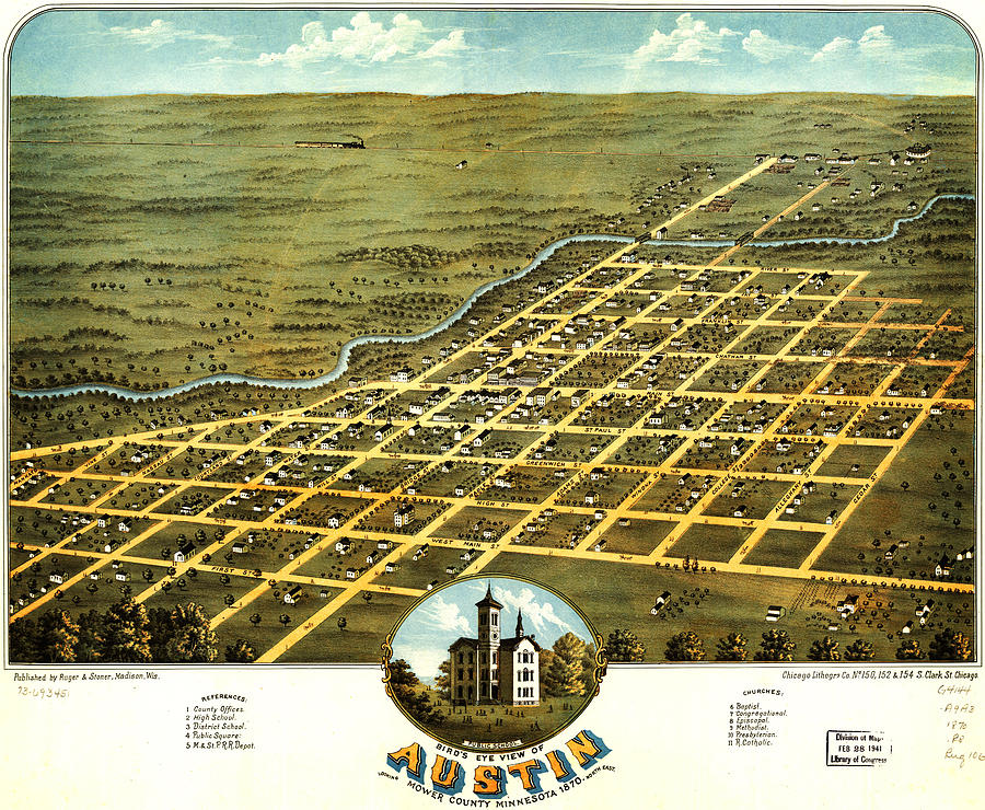 Birdseye view of Austin Minnesota 1870 Painting by MotionAge Designs