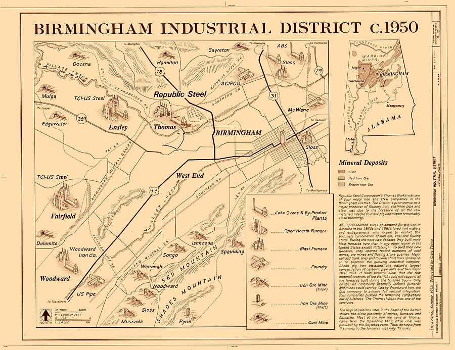 Vintage Drawing - Birmingham Alabama Industrial District 1950 by Mountain Dreams