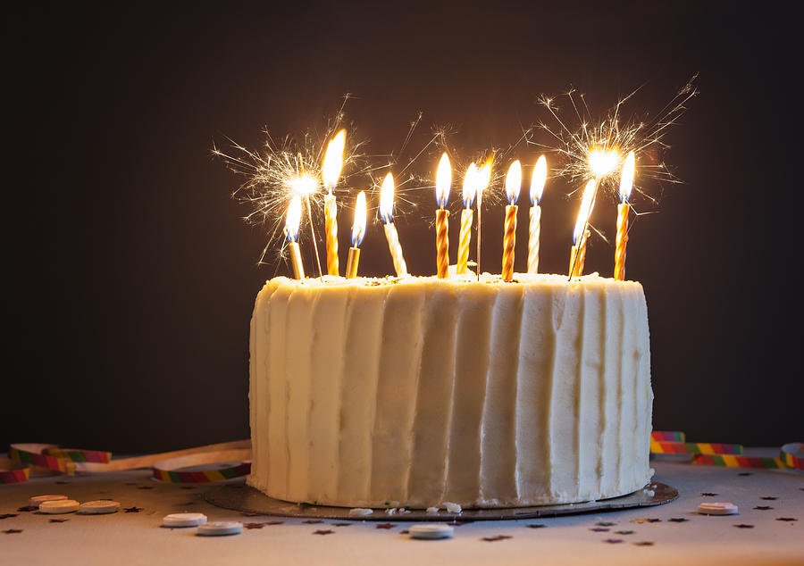 Birthday cake with candles and sparklers. Photograph by Betsie Van der Meer