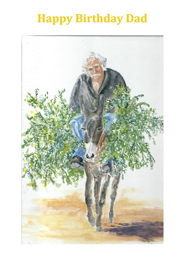Birthday Card Donkey and Cretan man Painting by David Capon