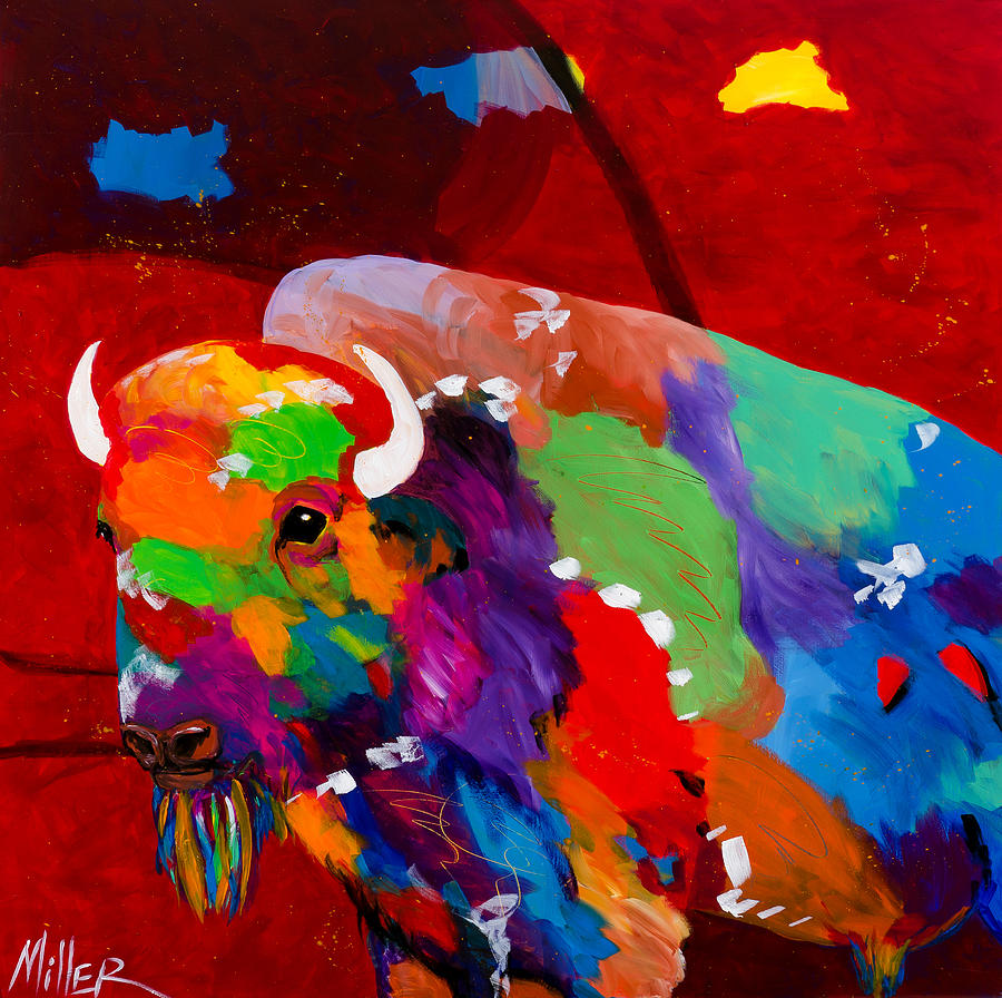 Buffalo Painting - Bison and Red Sky by Tracy Miller