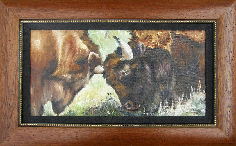 Yellowstone National Park Painting - Bison Brawl FRAMED by Lori Brackett