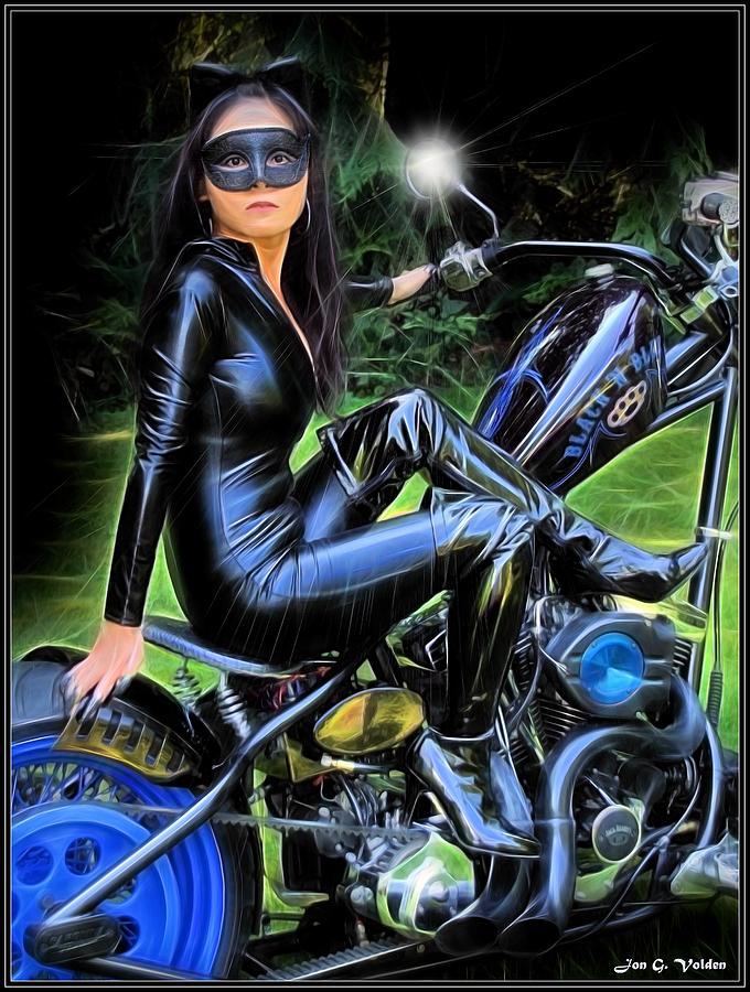 Black and Blue Cat Woman Painting by Jon Volden