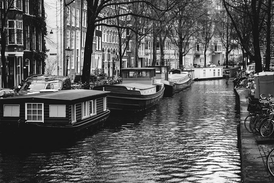 Black and White Amsterdam Canal Photograph by Pati Photography