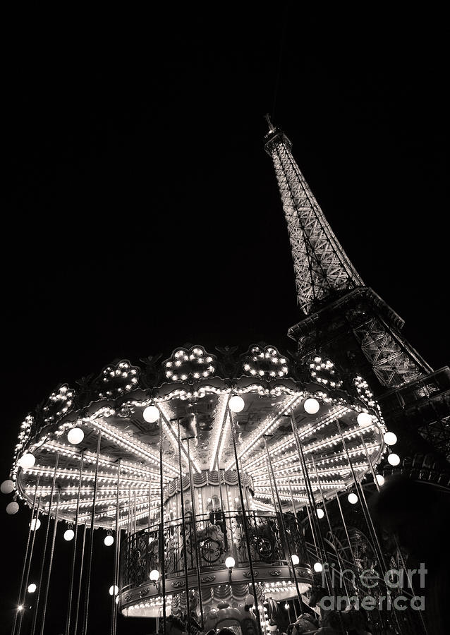 Black and White Carrousel and Eiffel Tower Photograph by Hermes Fine Art