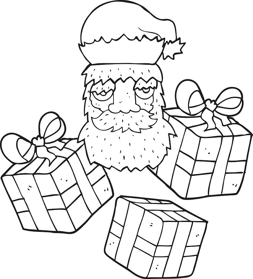 Black And White Cartoon Tired Santa Claus Face With Presents By Lineartestpilot