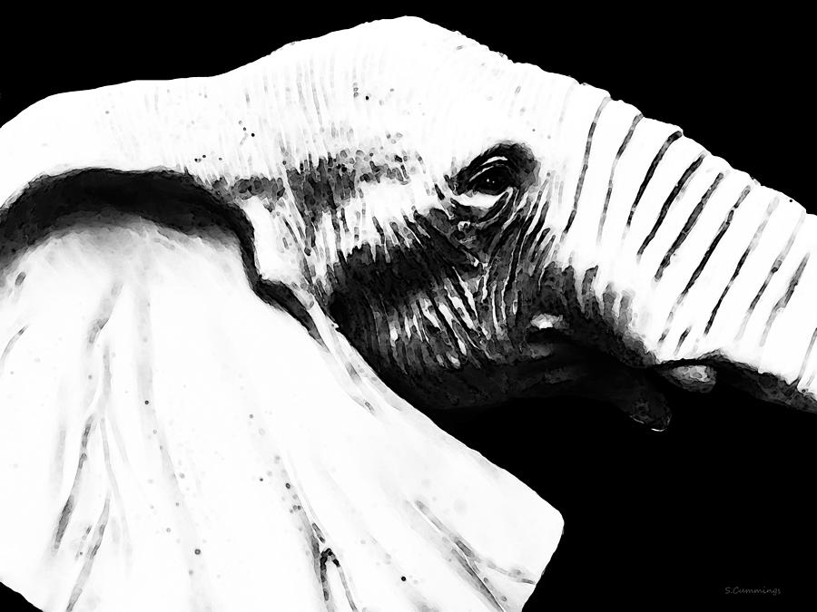 Black And White - Elephant Head Shot Art Painting by Sharon Cummings