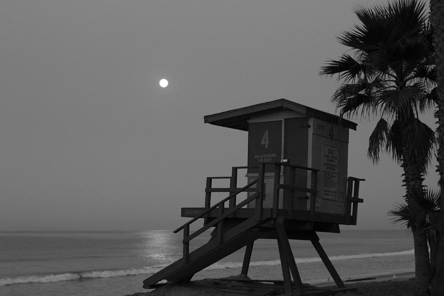 Black and White Moon Over  Lifeguard Tower Photograph by Richard Cheski