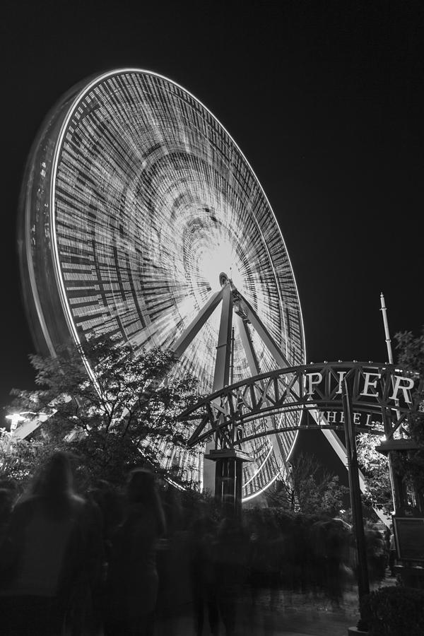 Black and White Navy Pier Ferris Wheel and Sign Photograph by John McGraw
