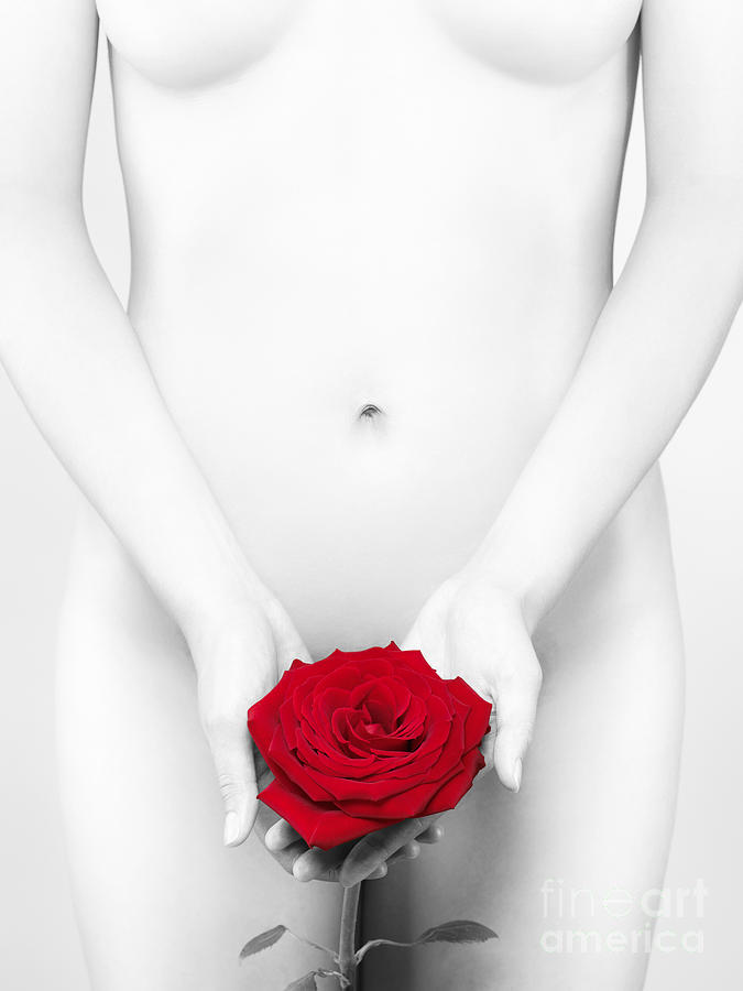 Black And White Photograph - Black and white nude Woman with a Red Rose by Maxim Images Exquisite Prints