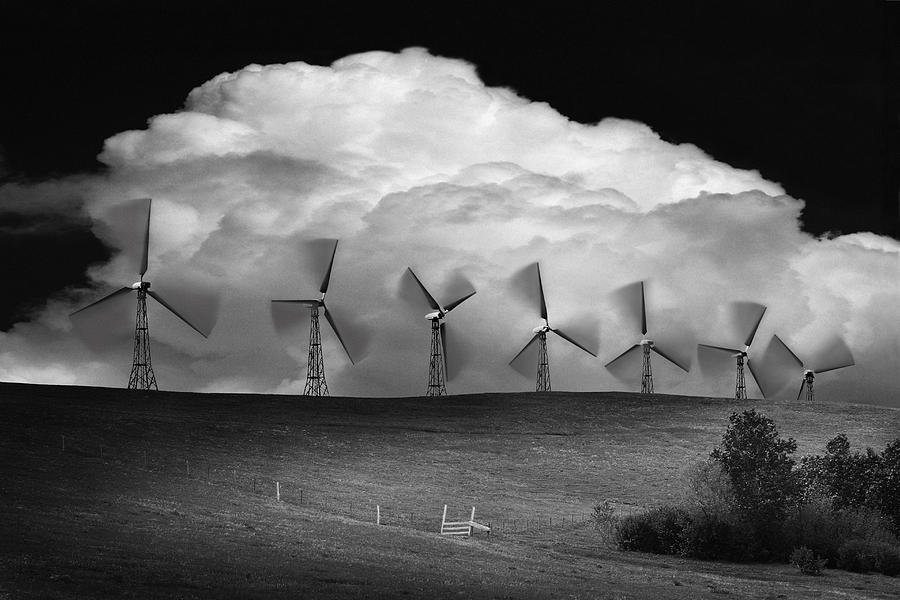 Black And White Of Wind Generators With Photograph