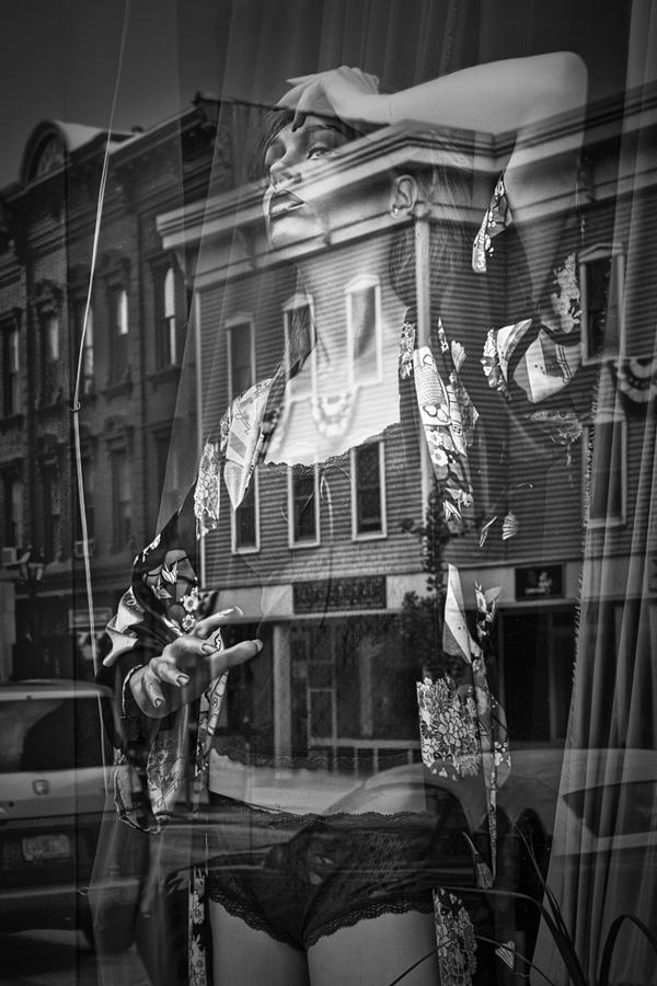 Black and white photograph of a Mannequin in Lingerie in storefront window display  Photograph by Randall Nyhof