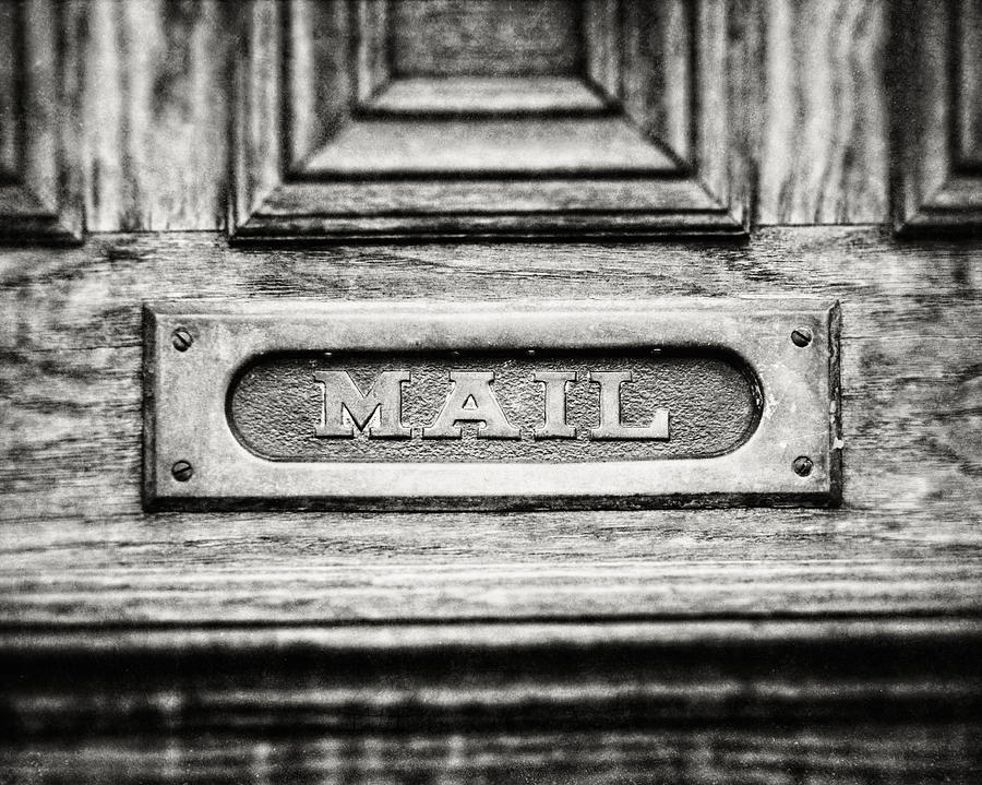 Black And White Photograph - Black and White Photograph of Vintage Mail Slot by Lisa R