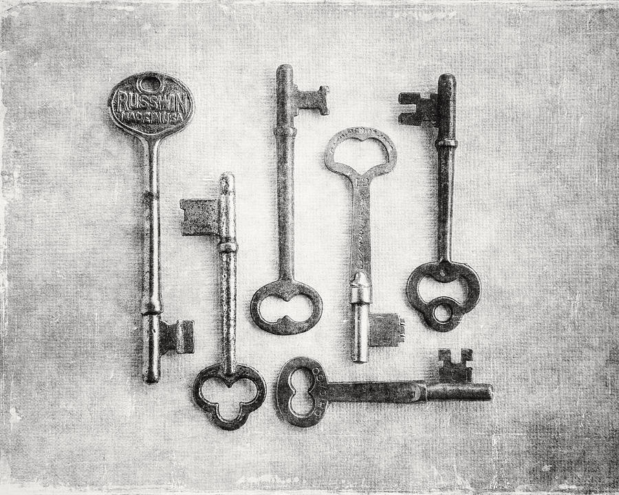 Black And White Photograph - Black and White Photograph of Vintage Skeleton Keys for Rustic Home Decor by Lisa R
