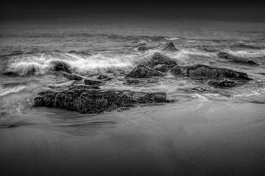 Black and White Photograph of Waves crashing on the shore at Sand Beach Photograph by Randall Nyhof