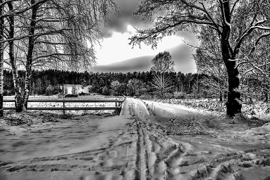 Black and white presentation of #Walk-way over Dyarna a #winter #day near city Enkoping Sweden Janua Photograph by Leif Sohlman
