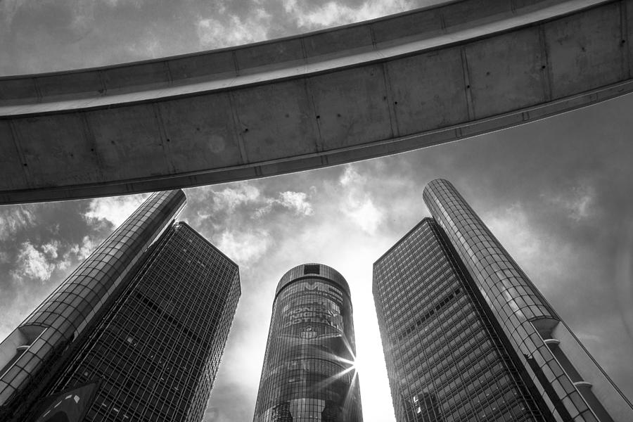 Black and White Renaissance Center and People Mover Photograph by John McGraw