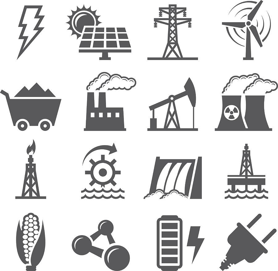 Black-and-white set of alternative energy icons Drawing by Bubaone
