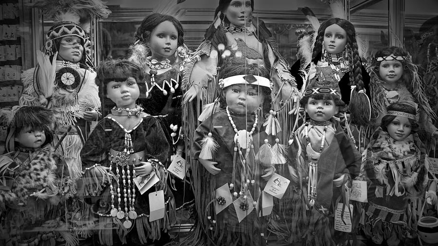 Black and White Shop Display of American Indian dolls Photograph by Randall Nyhof