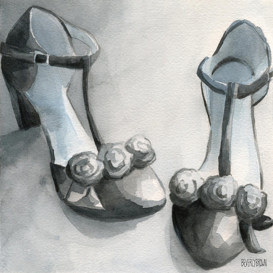 Black And Grey Painting - Black and White T Strap Shoe Painting by Beverly Brown