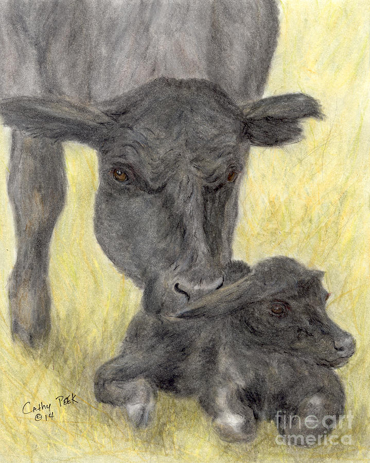 Black Angus Cow Calf Farm Animal Art Painting by Cathy Peek