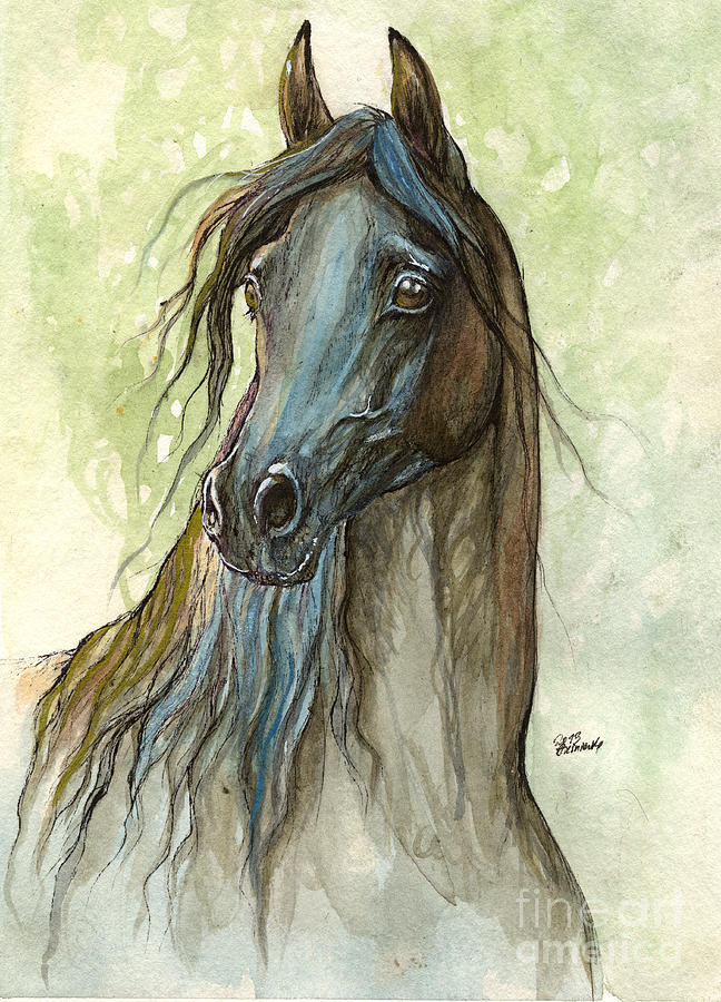 Black Arabian Horse Portrait Painting by Ang El