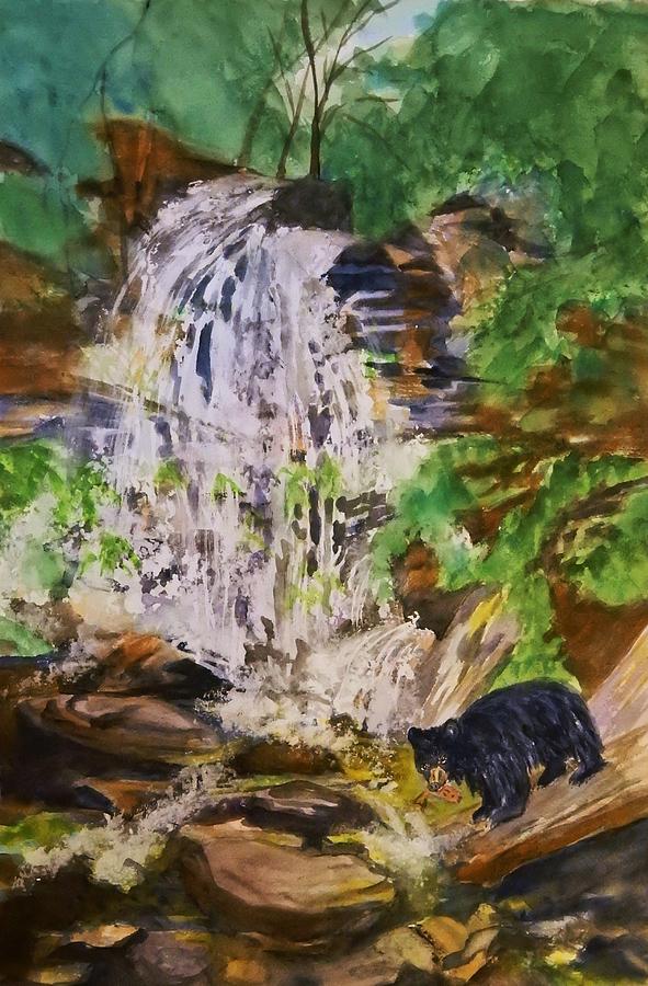 Black Bear Fishing at the Falls Painting by Ellen Levinson