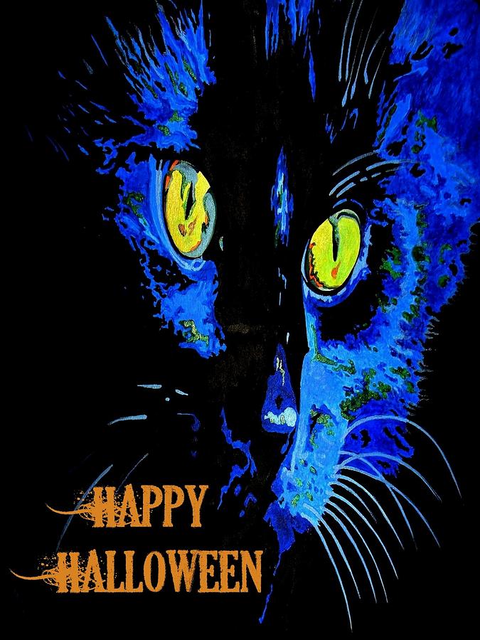 Black Cat Portrait with Happy Halloween Greeting  Painting by Taiche Acrylic Art