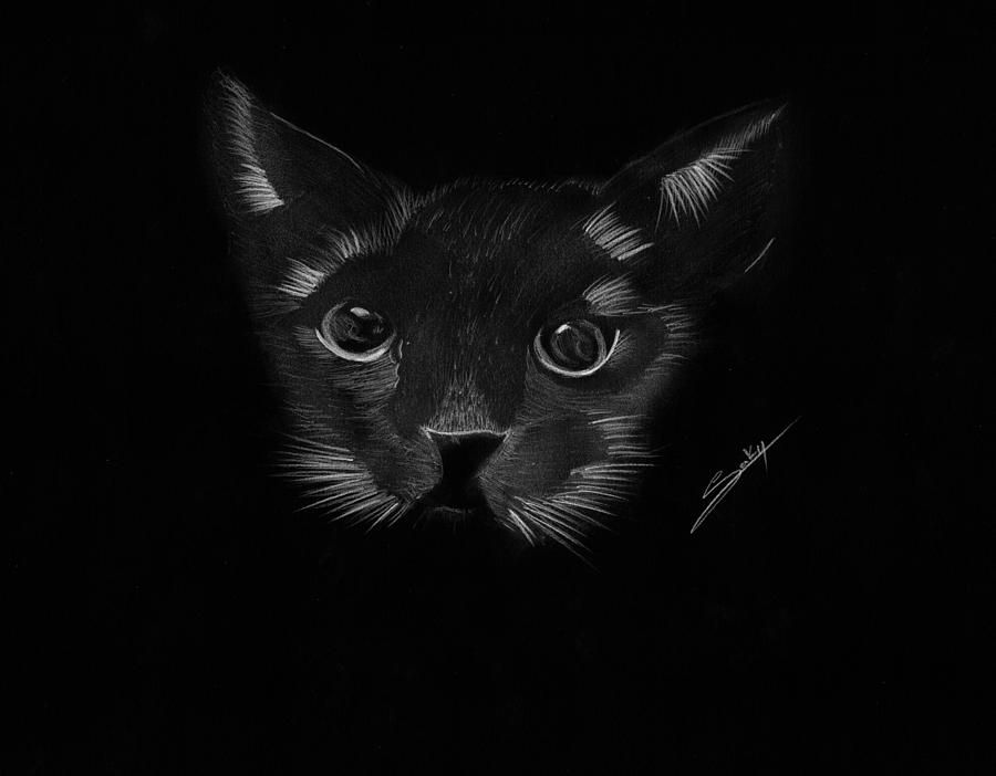 Cat Painting - Black Cat by Saki Art