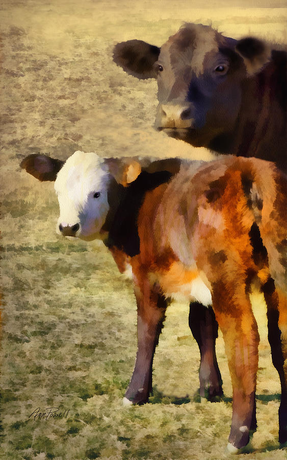 Black Cow and Calf - animals - cows - art Digital Art by Ann Powell