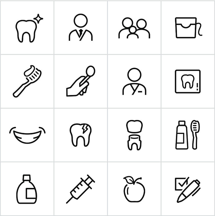 Black Dentistry Icons - Line Style Drawing by Appleuzr
