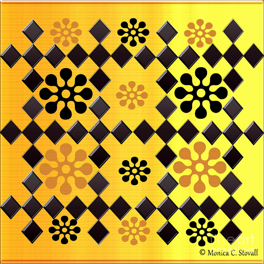 Black Diamonds and Orange Flowers on Gradient Yellow Digital Art by Monica C Stovall