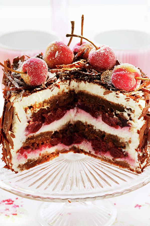 Black Forest Cherry Gateau On Cake Plate, Pieces Cut Photograph by ...