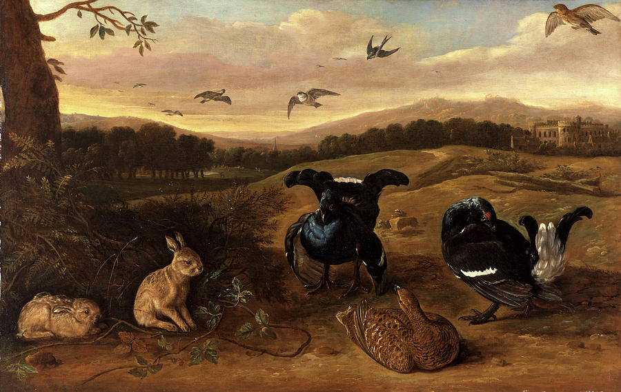 Rabbit Painting - Black Game, Rabbits, And Swallows In A Park Black Game by Litz Collection