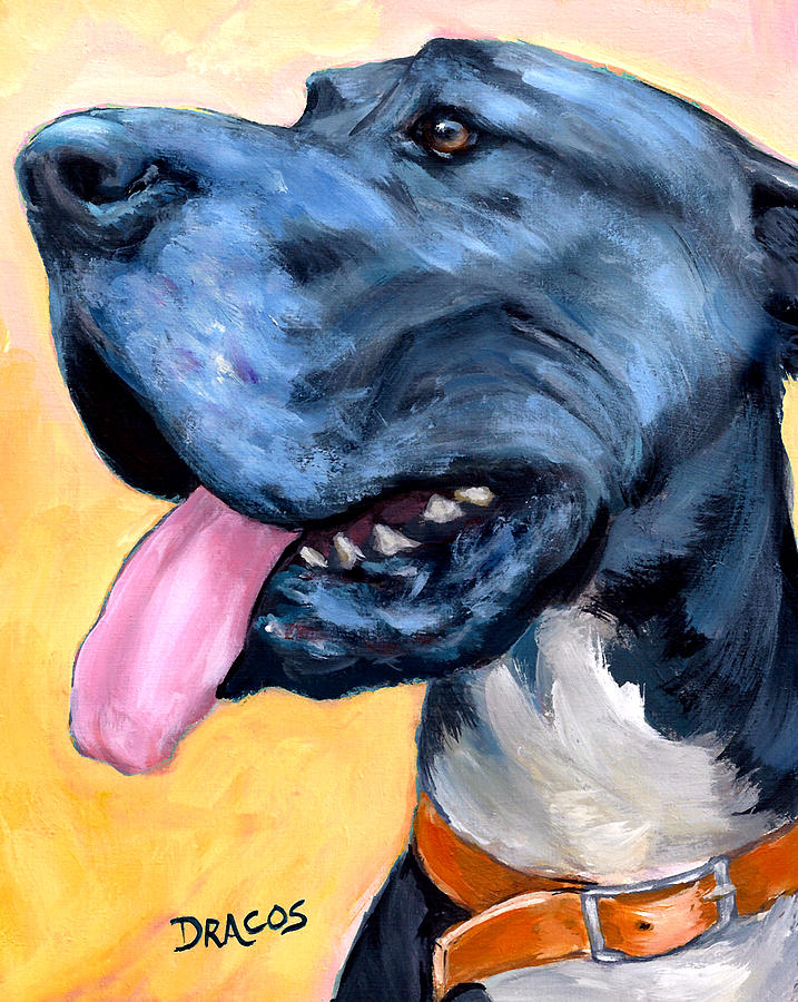 Dog Painting - Black Great Dane on Yellow by Dottie Dracos