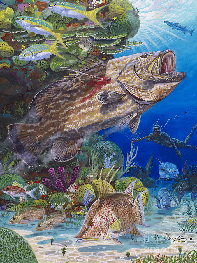 Fish Painting - Black Grouper hole by Carey Chen