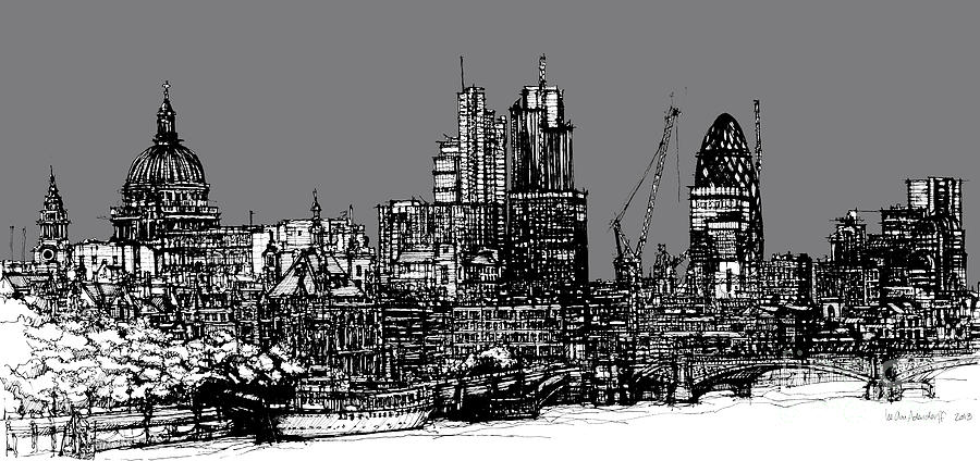 London Digital Art - Dark Ink London skyline with grey sky by Adendorff Design