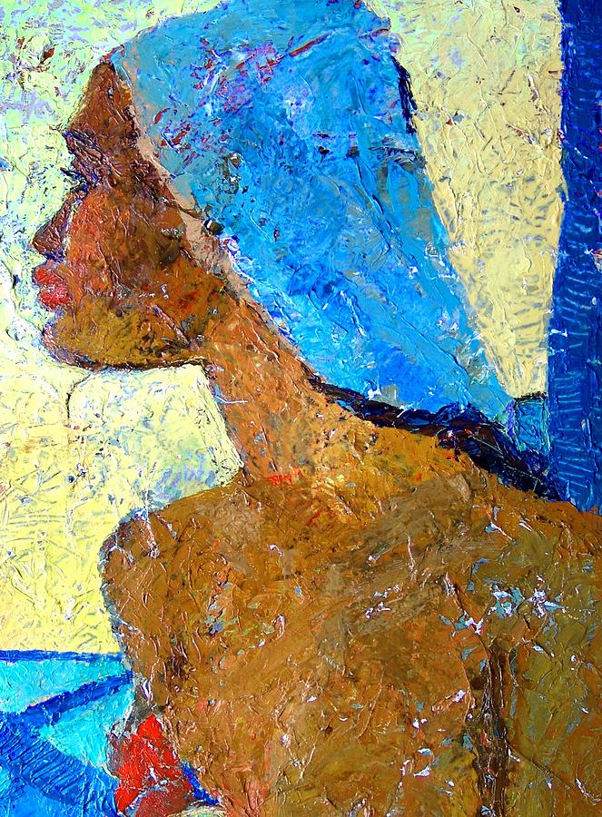 Portrait Mixed Media - Black Lady With Blue Head-dress by Janet Ashworth