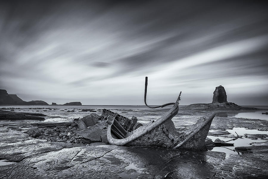 Black And White Photograph - Black Nab and Wreck by Dawn Black