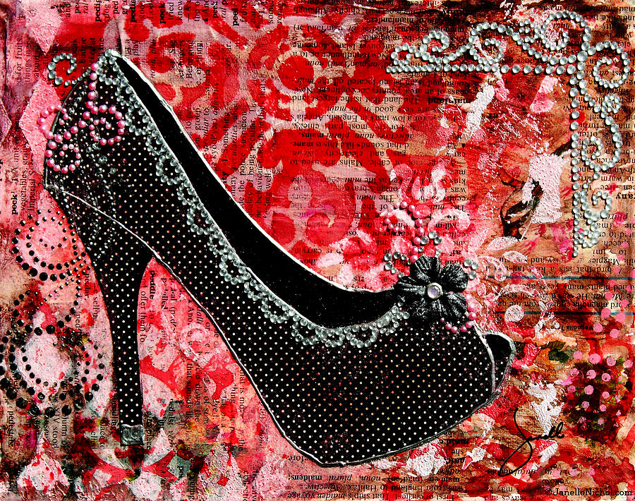 Abstract Mixed Media - Black polka dot shoes with red abstract background by Janelle Nichol