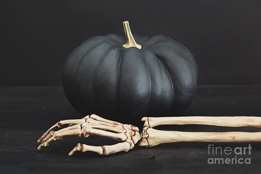 Halloween Photograph - Black pumpkin with skeleton arm and hand by Sandra Cunningham