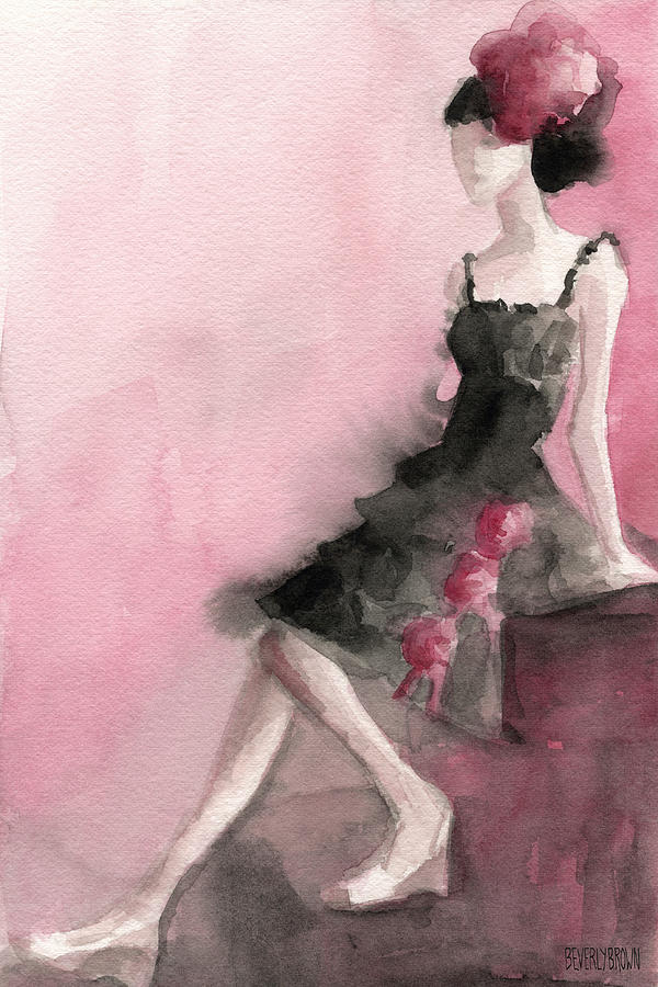 Fashion Painting - Black Ruffled Dress with Roses Fashion Illustration Art Print by Beverly Brown Prints