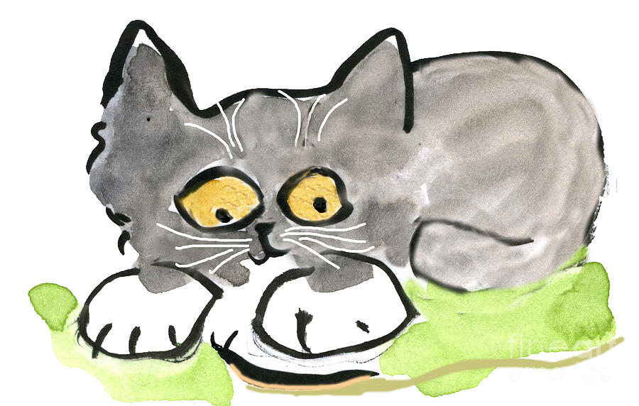 Black Slug and Tiny Gray Kitten Painting by Ellen Miffitt