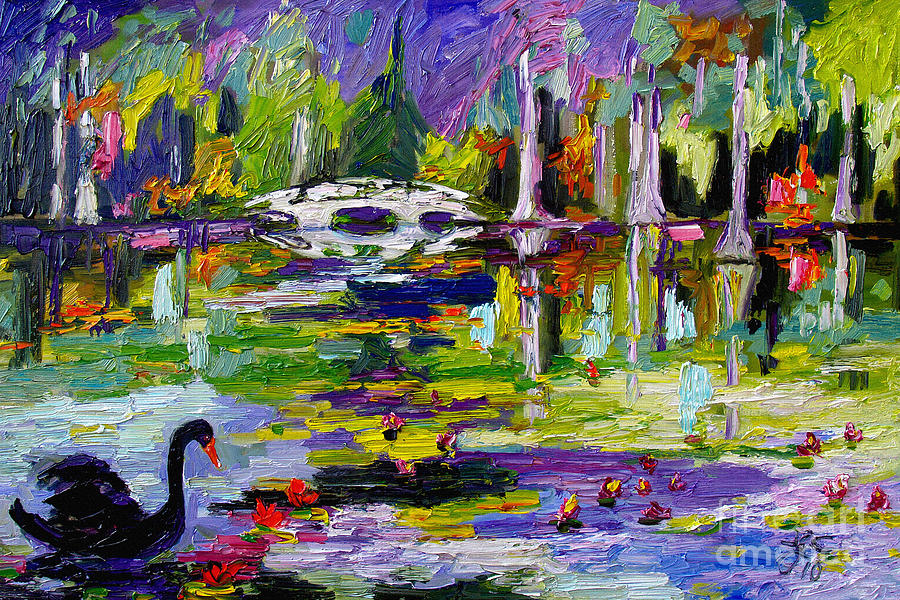 Black Swan on Pond Painting by Ginette Callaway