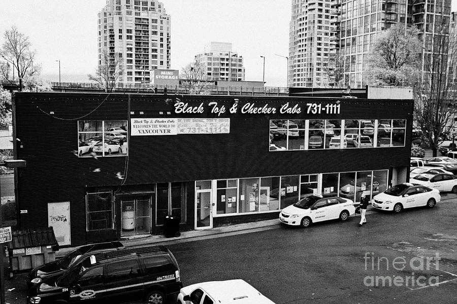 City Photograph - black top and checker cabs office Vancouver BC Canada by Joe Fox
