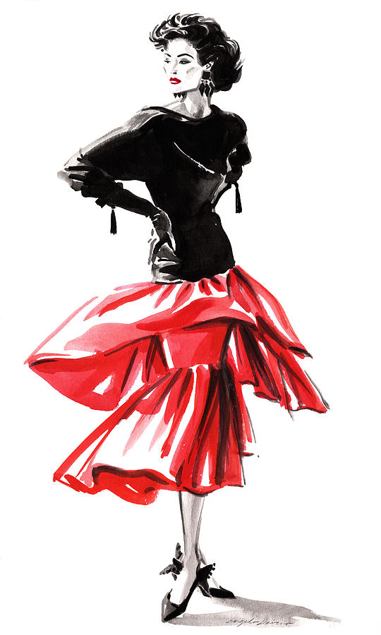 High Fashion Painting - Black Top red Skirt by Angelo Divino