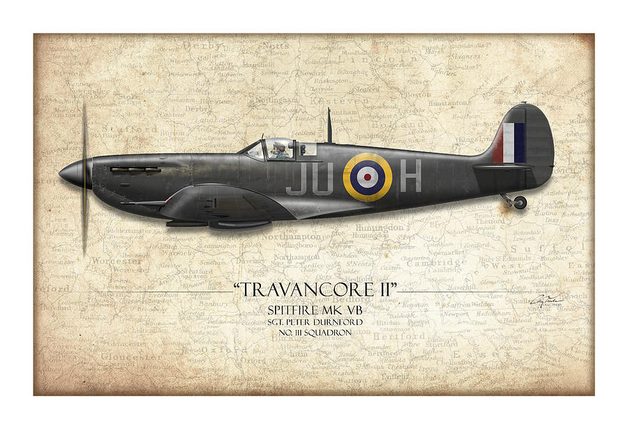 Airplane Painting - Black Travancore II Spitfire - Map Background by Craig Tinder
