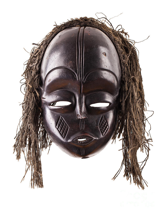 Black tribal face mask on isolated on white Photograph by Simon Bratt