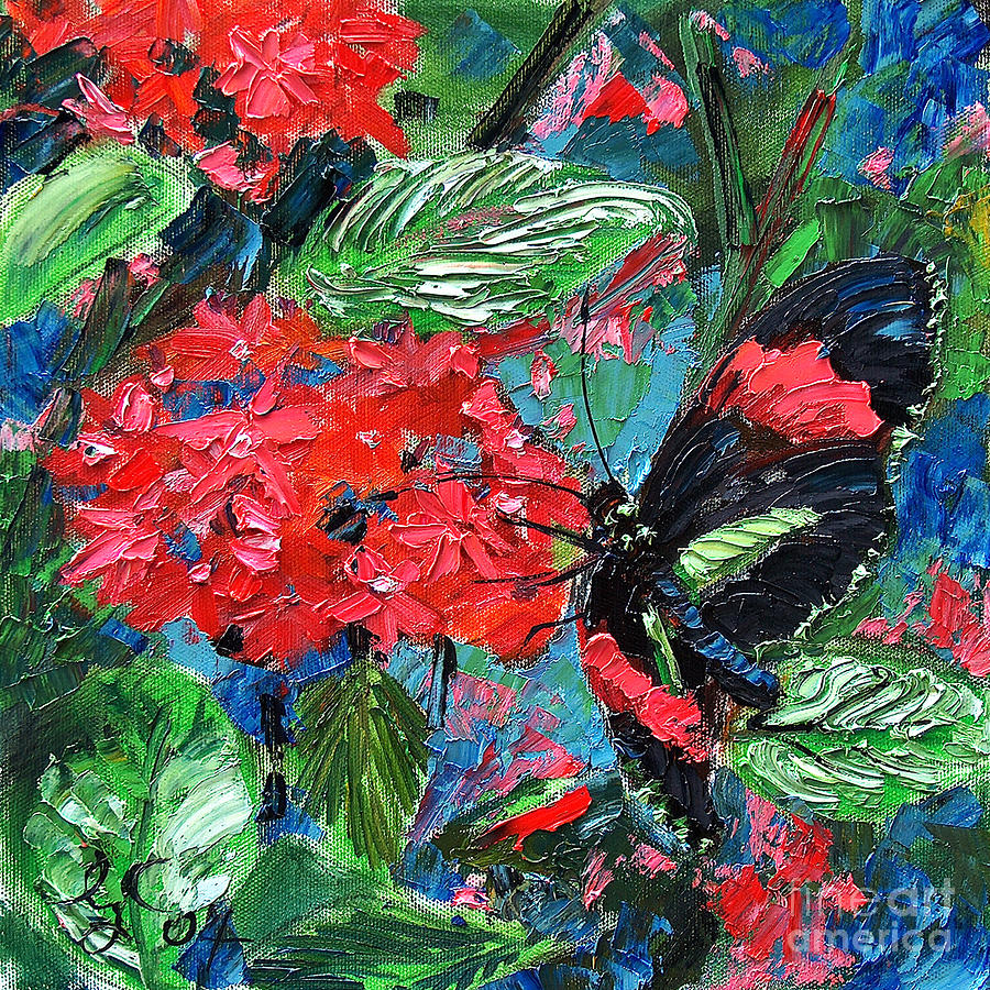 Black Tropical Butterfly on Red Flowers Painting by Ginette Callaway